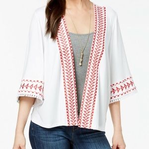 Style & Co | Embroidered Open Front Quartered Sleeve Fringe Cropped Boho Kimono